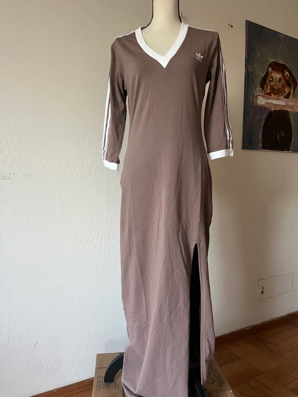 adidas light Brown and White V-Neck Maxi Dress